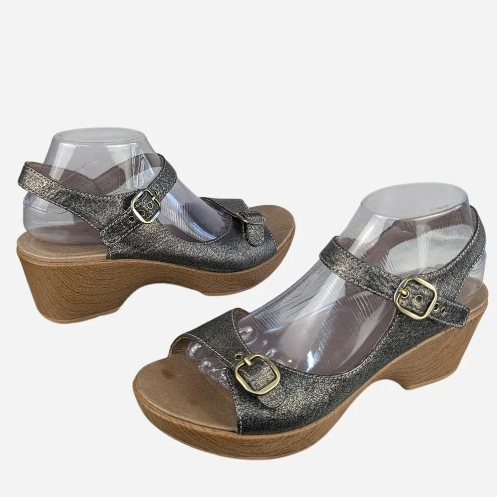 Dansko Joanie Pewter Metallic Leather Platform Sandals Size 9.5-10